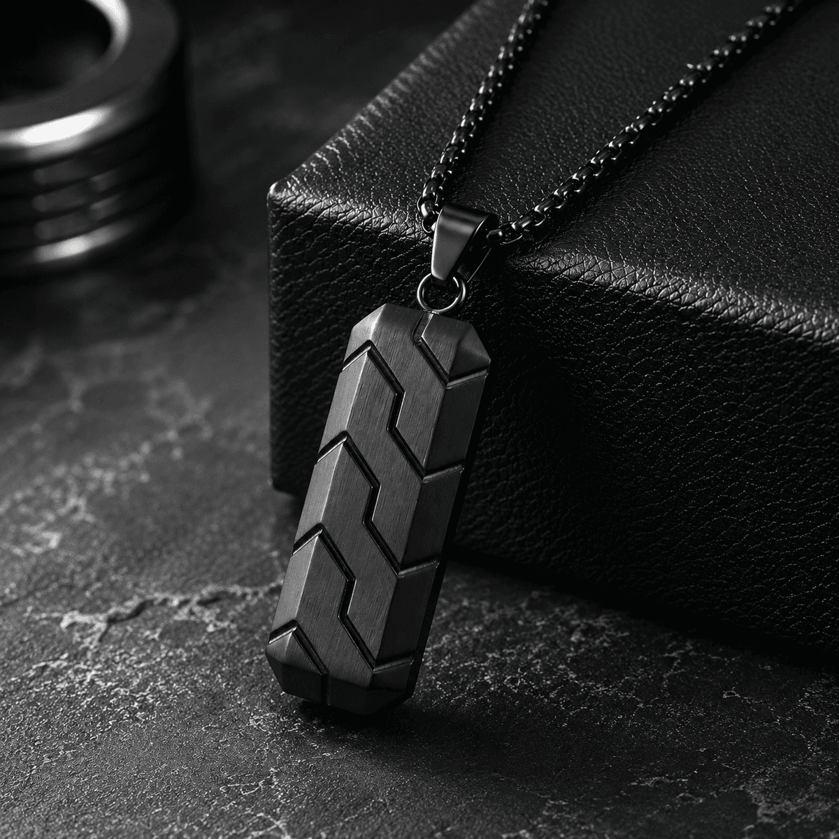 Carbon Fiber Tire Tread Pendant Necklace for Men, Vintage Black Stainless Steel Biker Necklace, Motorcycle Inspired Jewelry Gift for Husband Boyfriend — carbon fiber close-up view 2