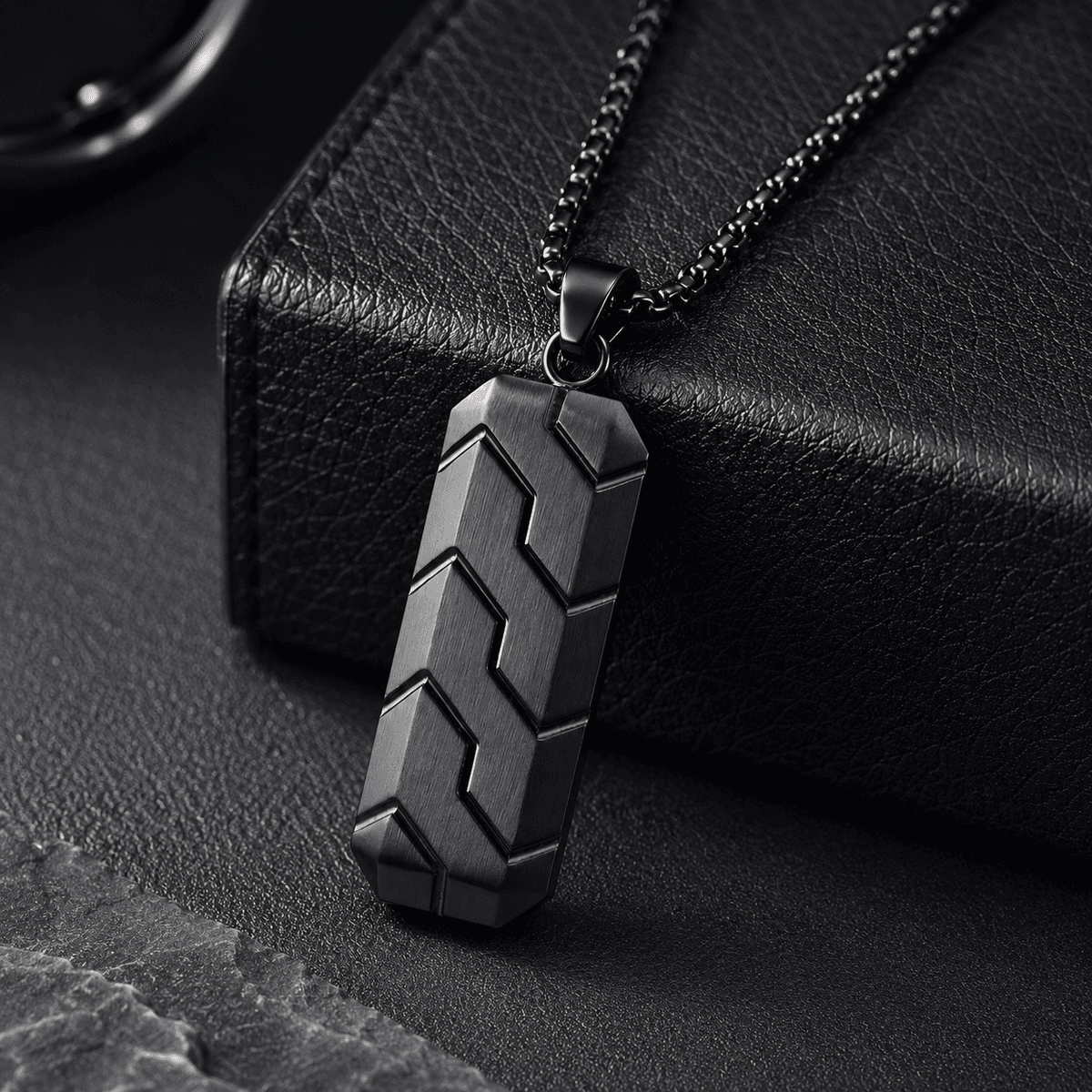 Carbon Fiber Tire Tread Pendant Necklace for Men, Vintage Black Stainless Steel Biker Necklace, Motorcycle Inspired Jewelry Gift for Husband Boyfriend — carbon fiber close-up view 3