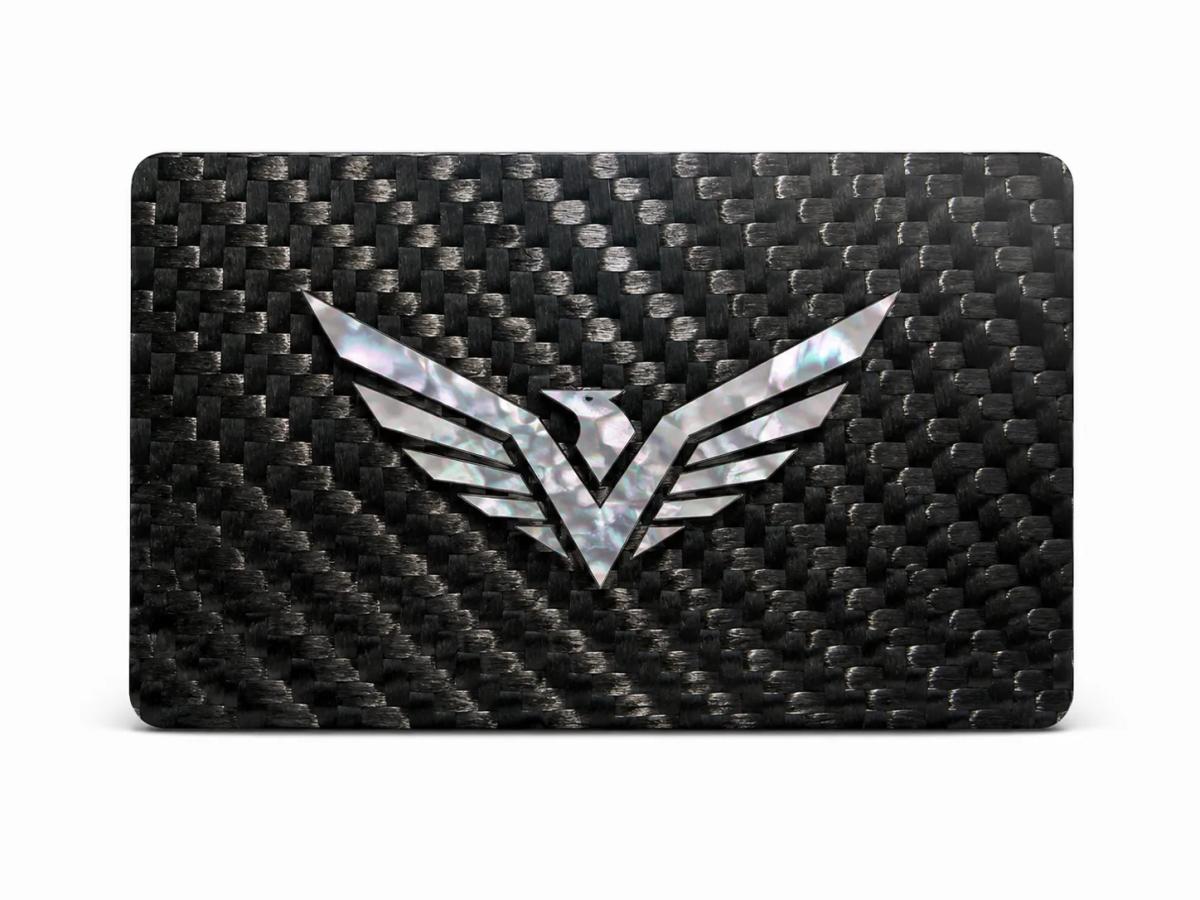 Custom luxury carbon fiber business card with traditional mother-of-pearl inlay — carbon fiber close-up view 4