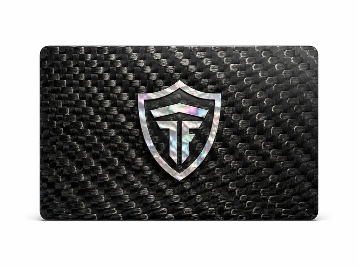 Custom luxury carbon fiber business card with traditional mother-of-pearl inlay — carbon fiber close-up view 3