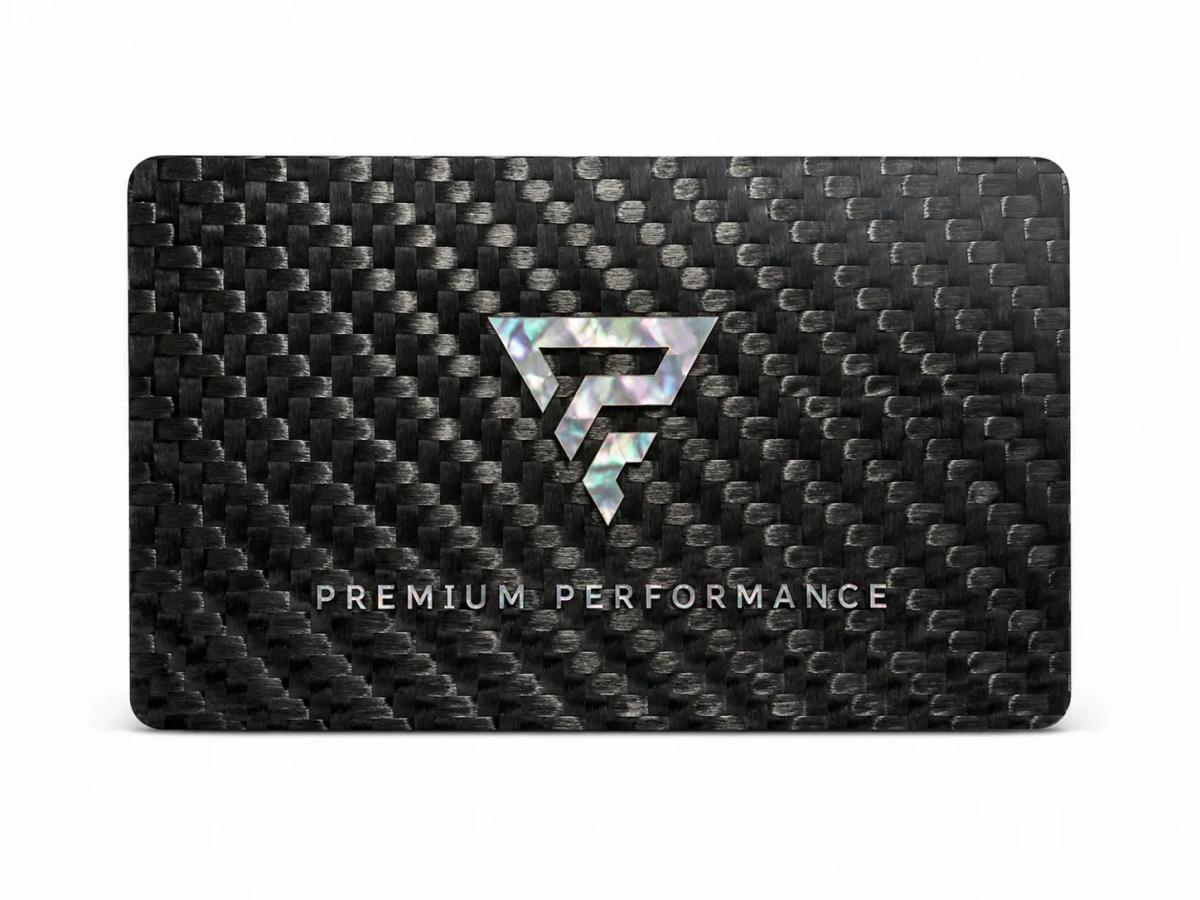 Custom luxury carbon fiber business card with traditional mother-of-pearl inlay — carbon fiber close-up view 1