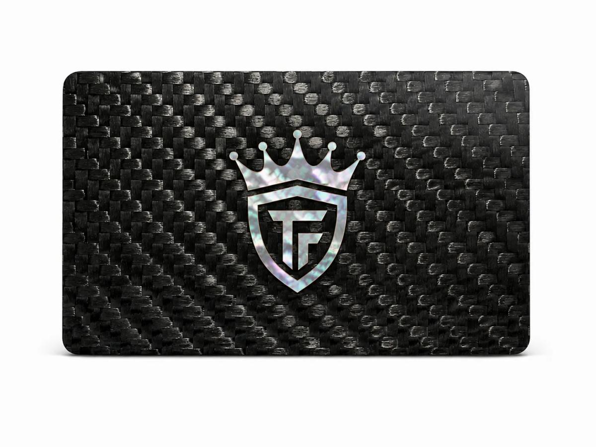 Custom luxury carbon fiber business card with traditional mother-of-pearl inlay — carbon fiber close-up view 2