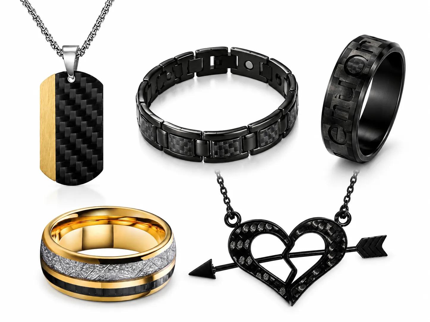 Custom Carbon Fiber Jewelry Rings Bracelets and Pendants
