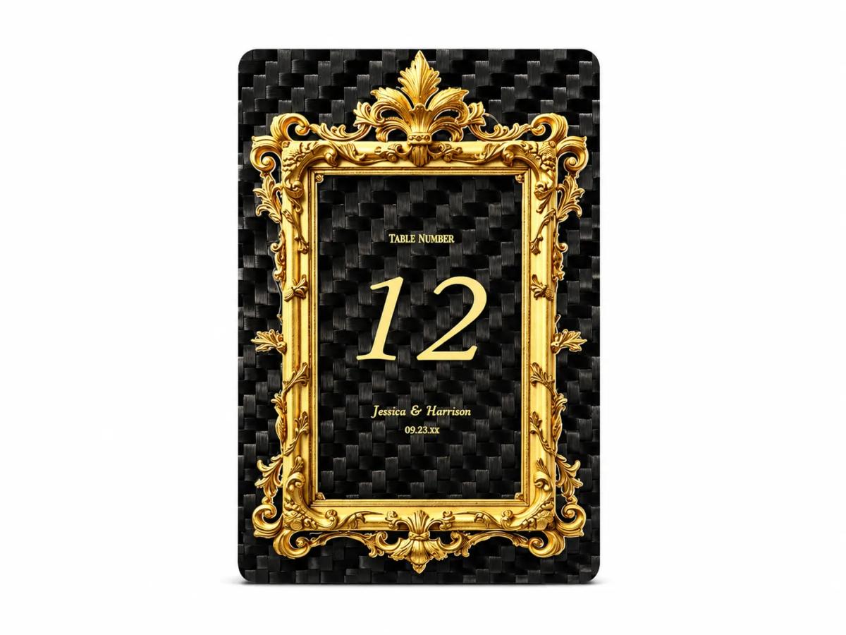 Carbon Fiber Table Number Sign | Graduation Card | 3D Embossed Gold Foil | Custom Waterproof Keepsake — carbon fiber close-up view 2