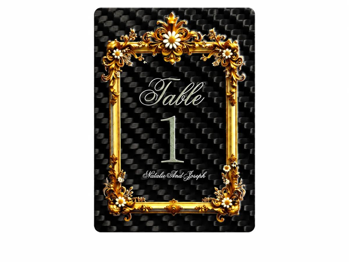 Carbon Fiber Table Number Sign | Graduation Card | 3D Embossed Gold Foil | Custom Waterproof Keepsake — carbon fiber close-up view 1