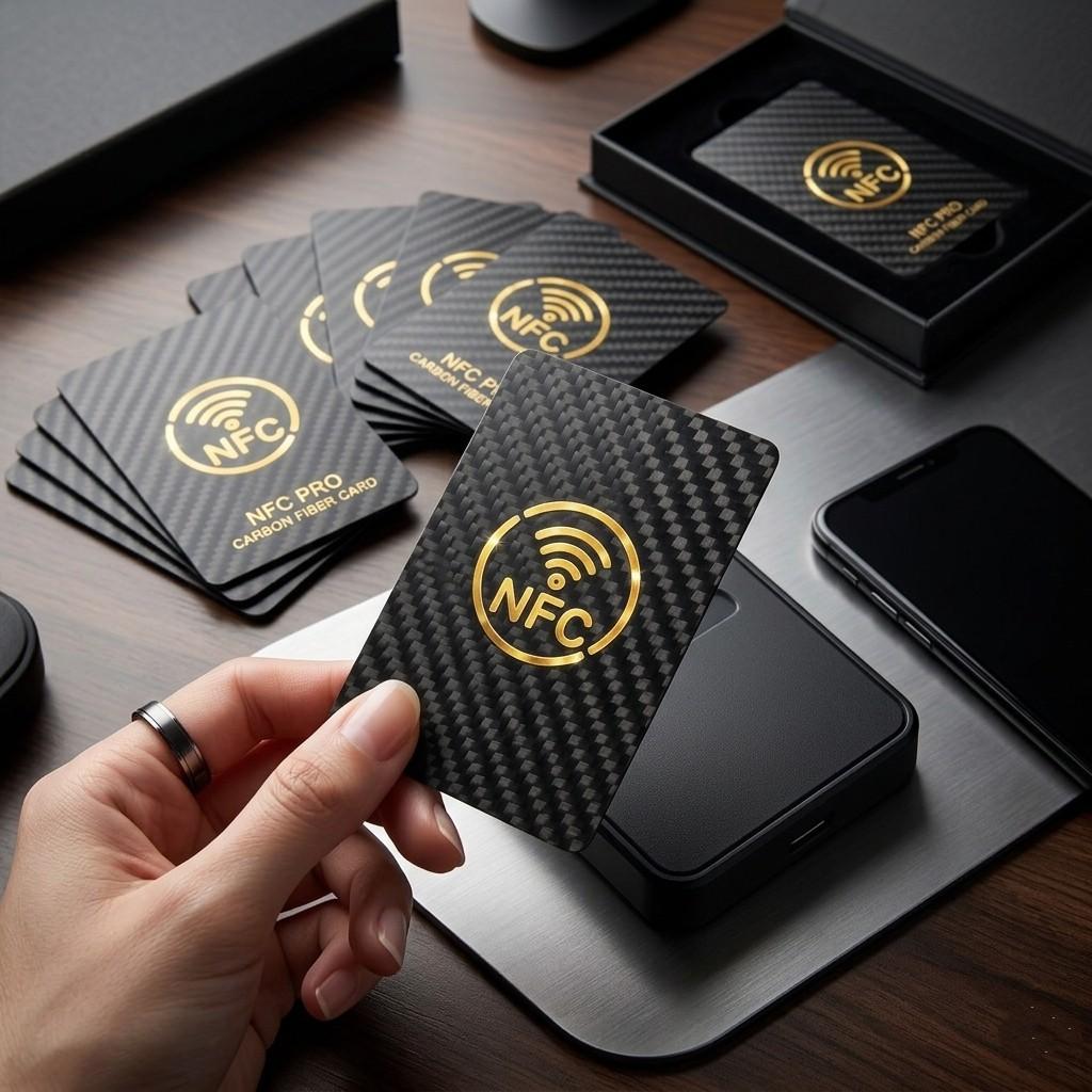 Carbonfaser-NFC-PRO-Karte in der Hand mit Geschenkbox und Smartphone