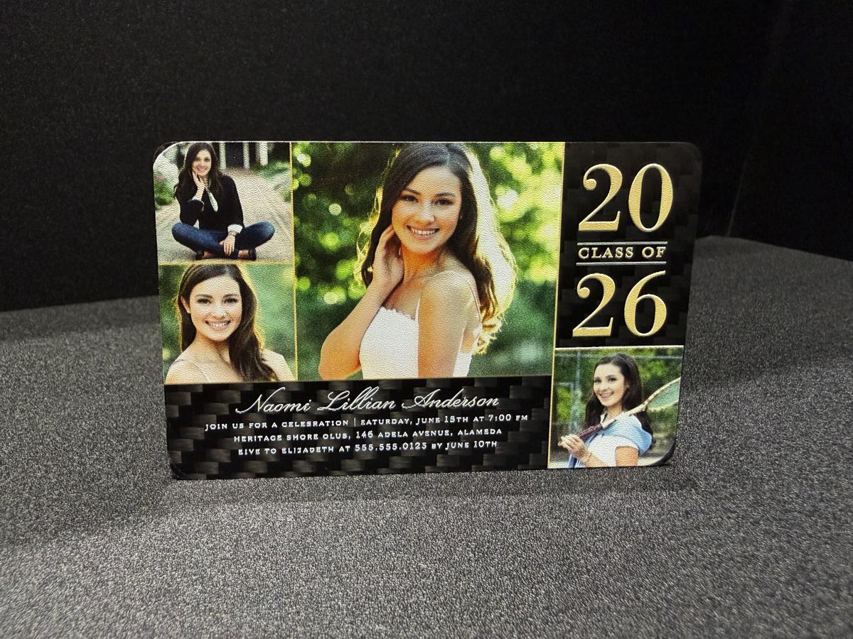 Carbon Fiber Graduation Card | 3D Embossed Gold Foil | Custom Waterproof Keepsake — carbon fiber close-up view 4