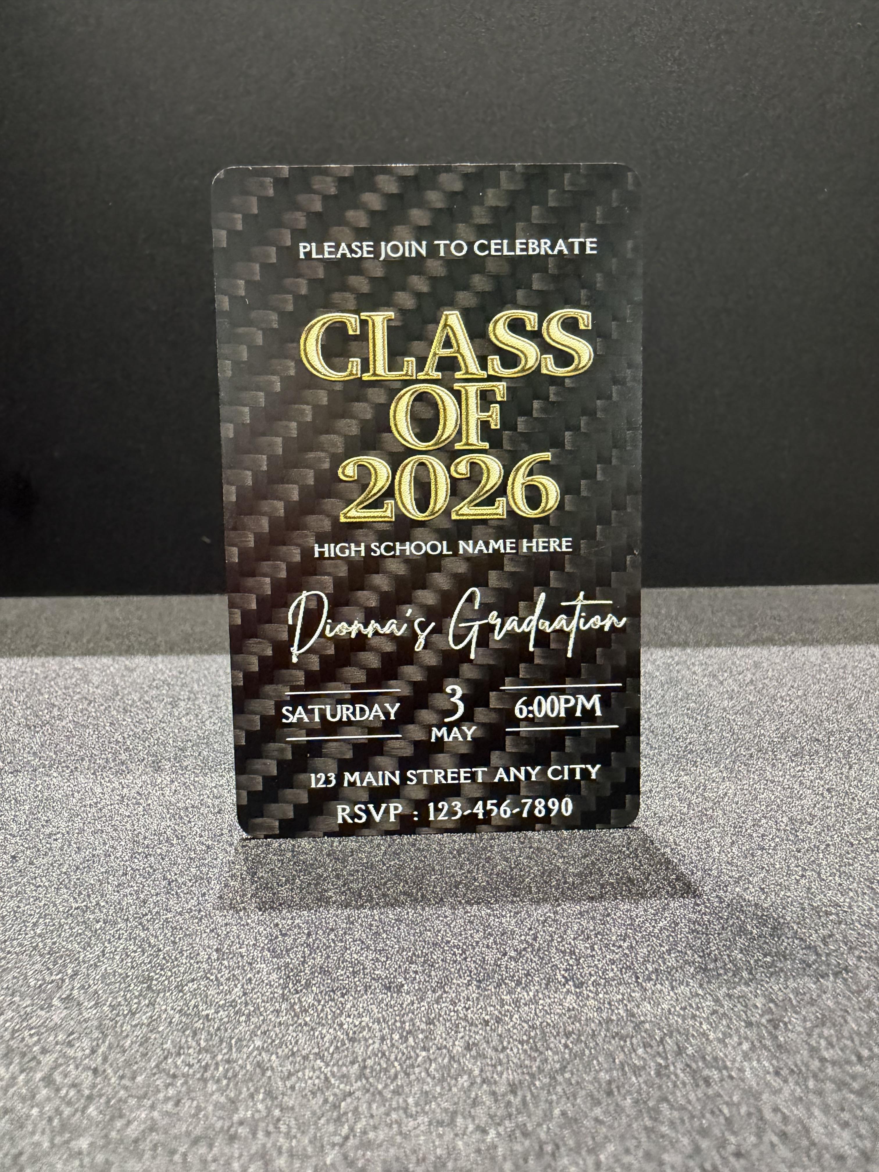 Carbon Fiber Graduation Card | 3D Embossed Gold Foil | Custom Waterproof Keepsake — premium carbon fiber product detail