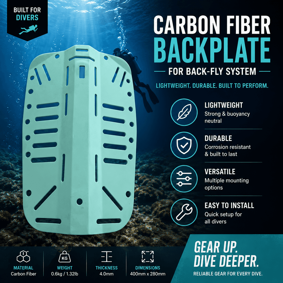 Carbon Fiber Diving Backplate – Ultra-Lightweight Technical Scuba Backplate — carbon fiber close-up view 3