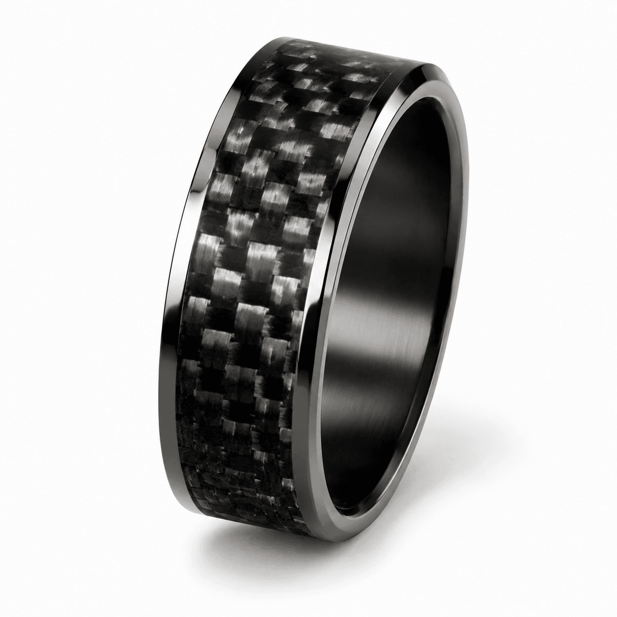 Black Carbon Fiber Ring – Polished Comfort Fit Wedding Band — carbon fiber close-up view 1