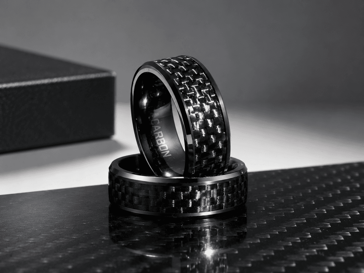 Black Carbon Fiber Ring – Polished Comfort Fit Wedding Band — carbon fiber close-up view 2