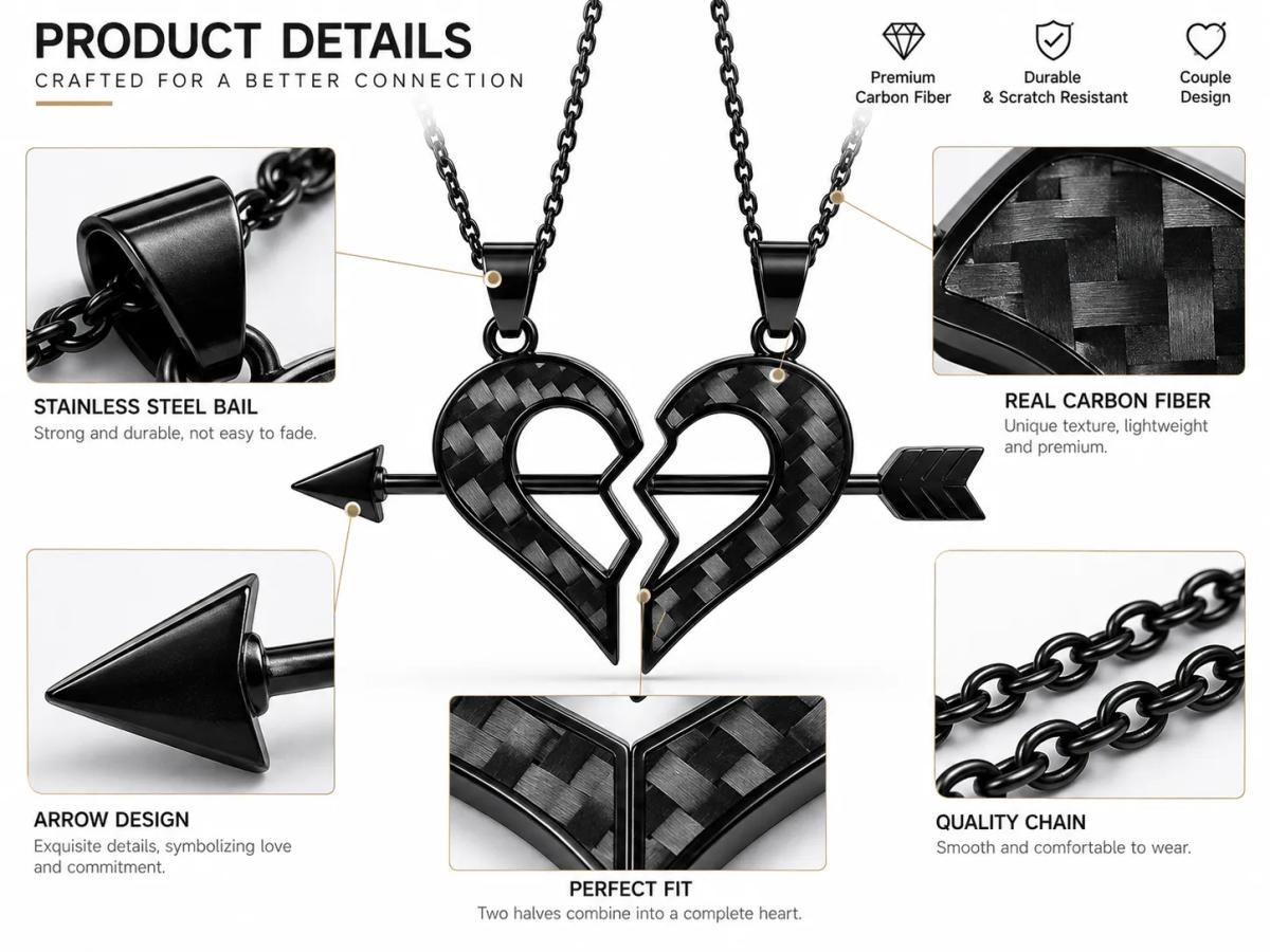 Carbon Fiber Couple Heart Necklace – Matching Memorial Pendant Set — carbon fiber close-up view 4