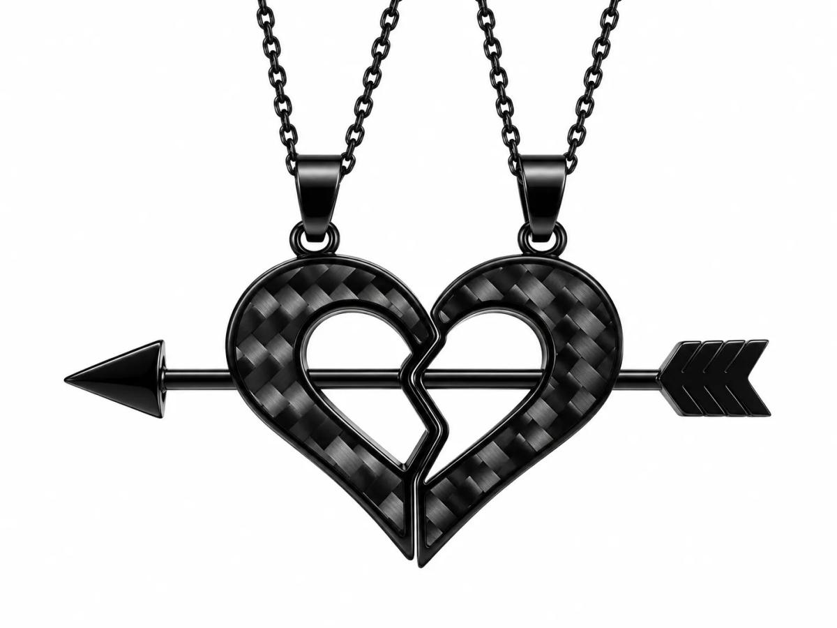 Carbon Fiber Couple Heart Necklace – Matching Memorial Pendant Set — carbon fiber close-up view 1