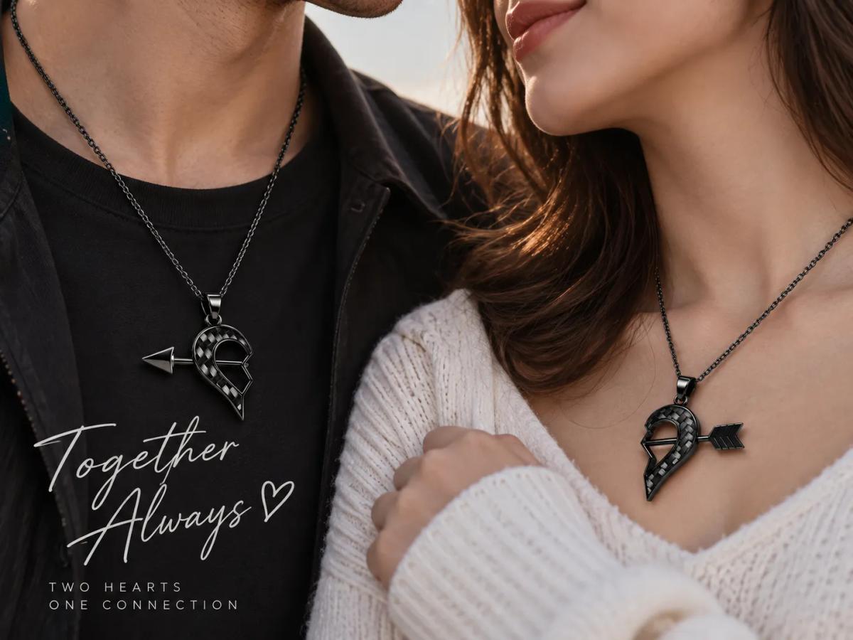 Carbon Fiber Couple Heart Necklace – Matching Memorial Pendant Set — carbon fiber close-up view 3