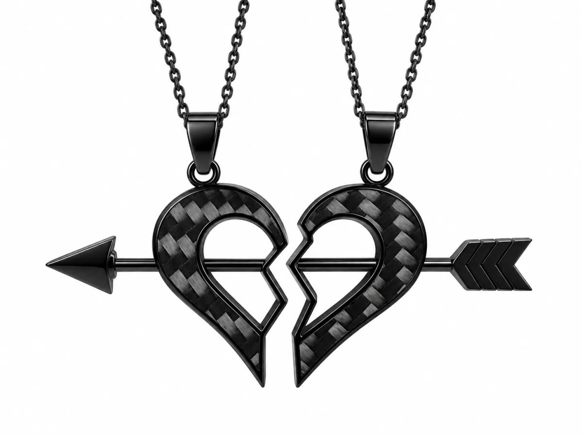 Carbon Fiber Couple Heart Necklace – Matching Memorial Pendant Set — carbon fiber close-up view 2
