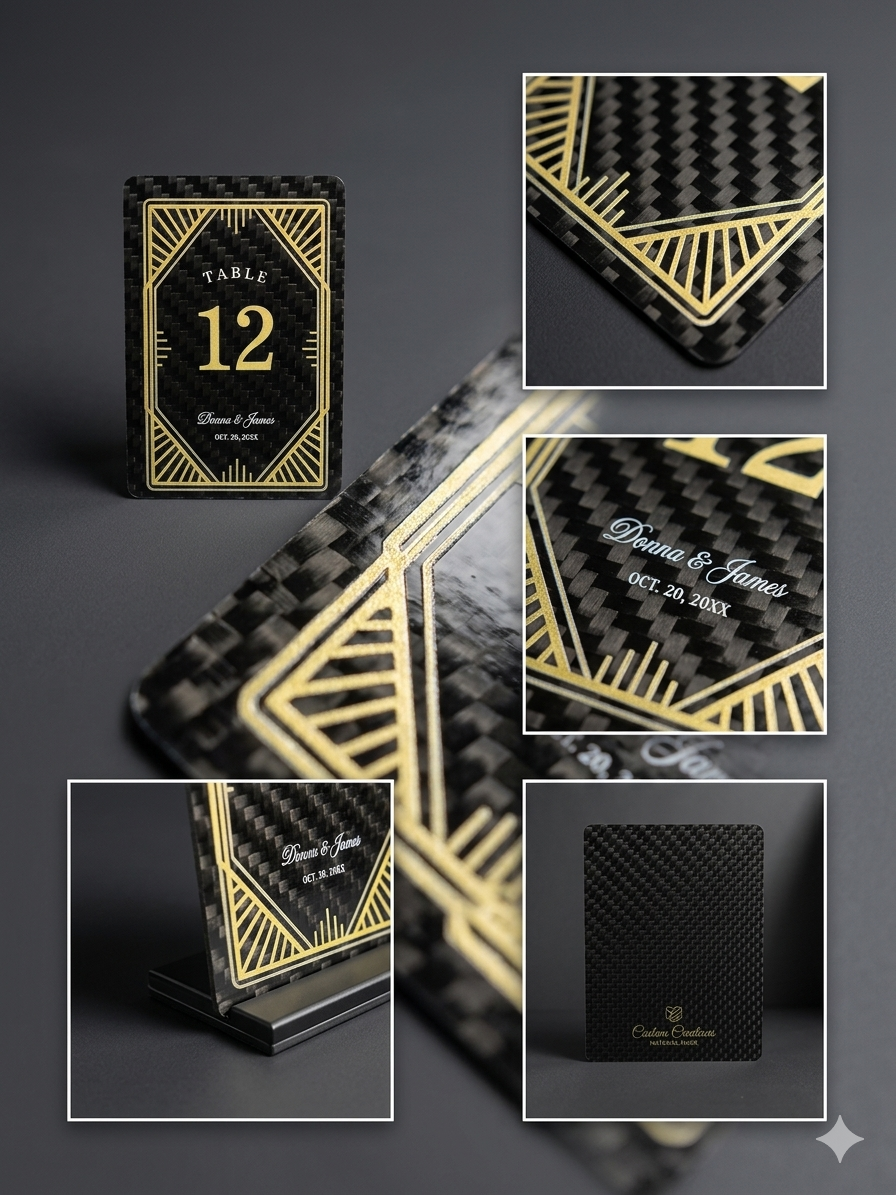 Carbon Fiber Wedding Table Numbers - Modern Place Card Holders Set — carbon fiber product angle 2